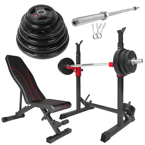 Bundle Bar Stand + Olympic Bar + Plate Weight Plates + Gym Couch