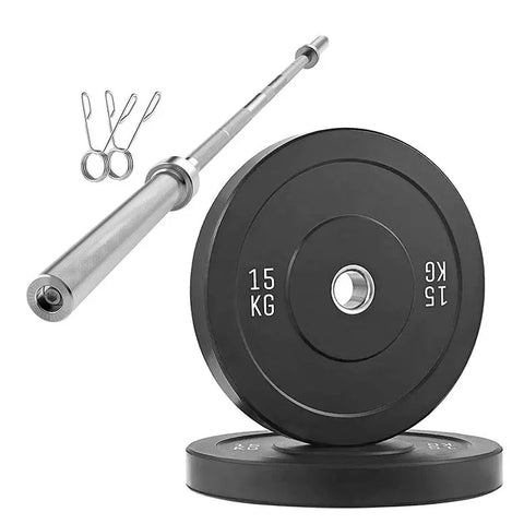 Olympic Barbell Bundle + Bumper Plate Weights + Rubber Tiles